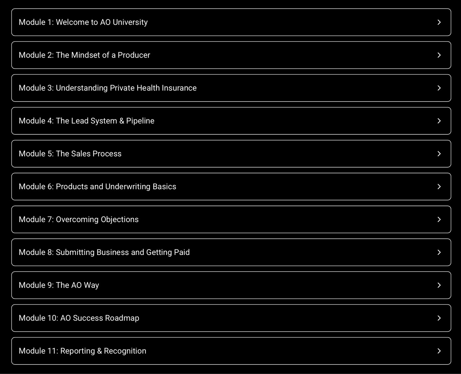 The AO University course library, showing the module path an agent works through