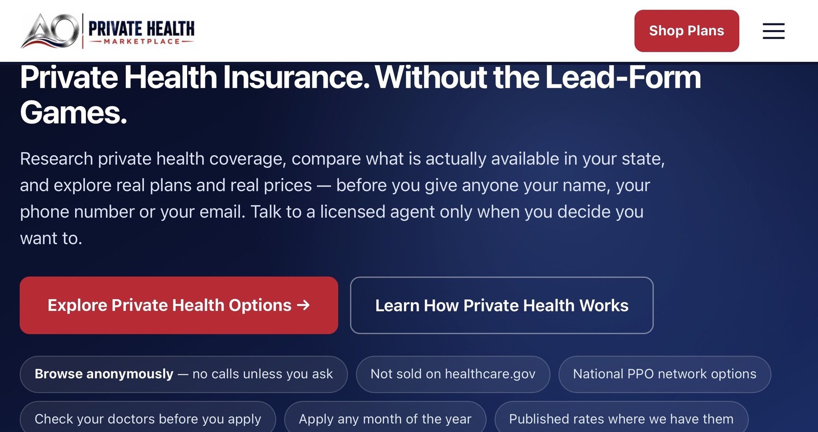 The AO Private Health Marketplace consumer website