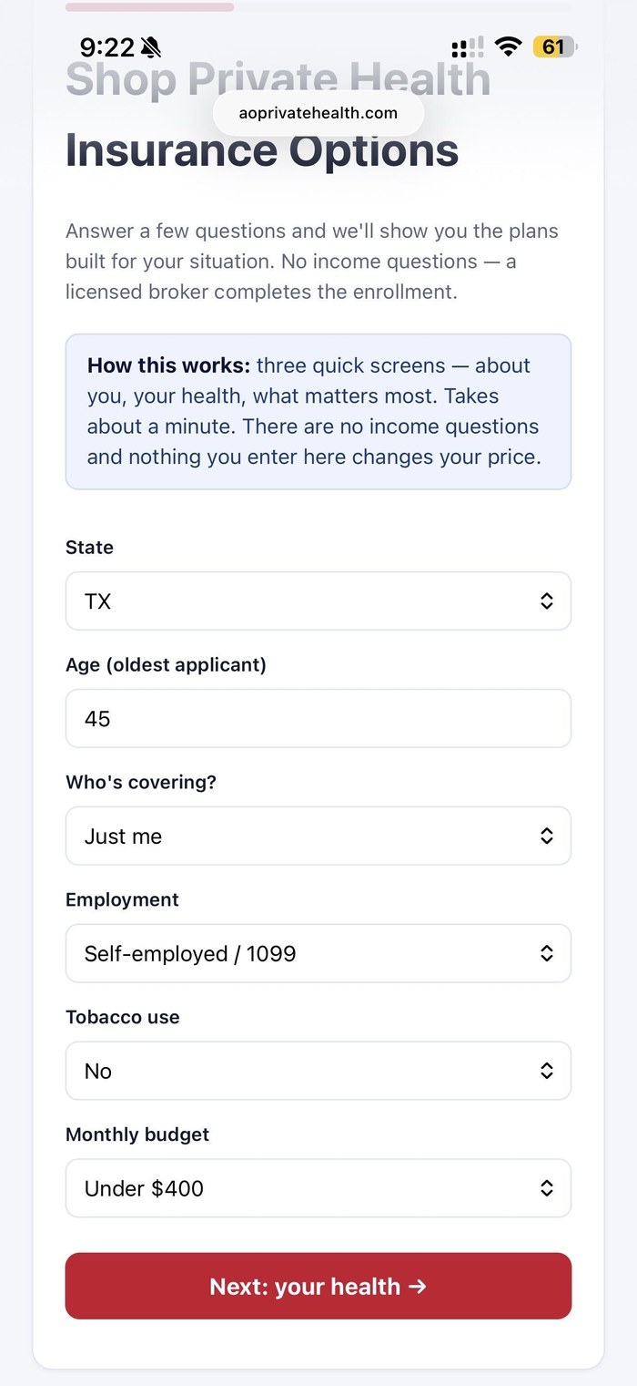 The AO Private Health Marketplace plan-shopping flow on mobile